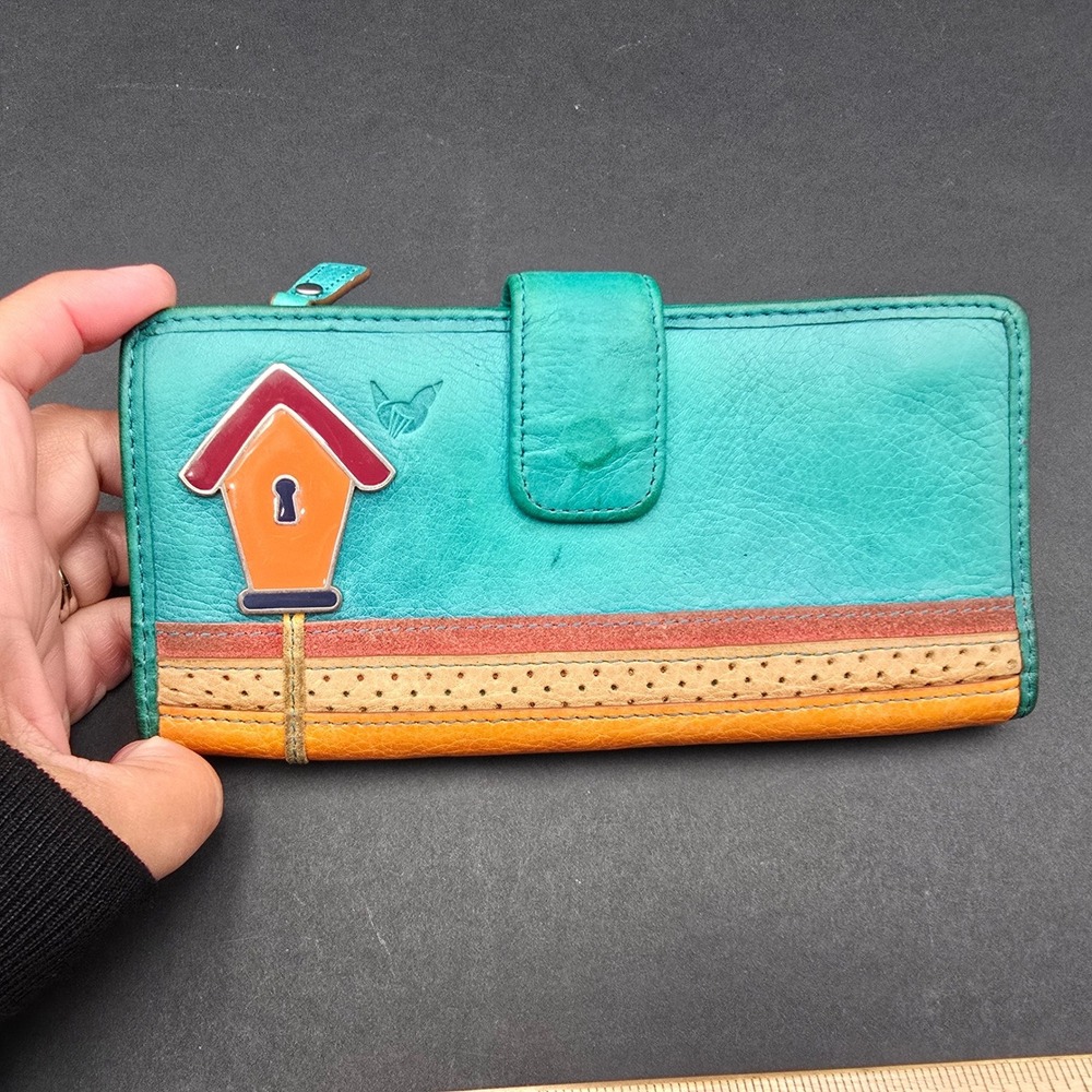 Fossil Leather Birdhouse Bifold Wallet Turquoise Orange Boho Slim Clutch